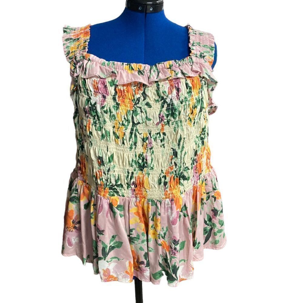 ROMANTIC GYPSY Tank Top Multicolored Smocked Bodice Sleeveless Size 3X‎